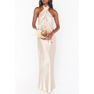 Show Me Your Mumu Jasmine Halter Maxi Dress in Champagne Luxe Satin